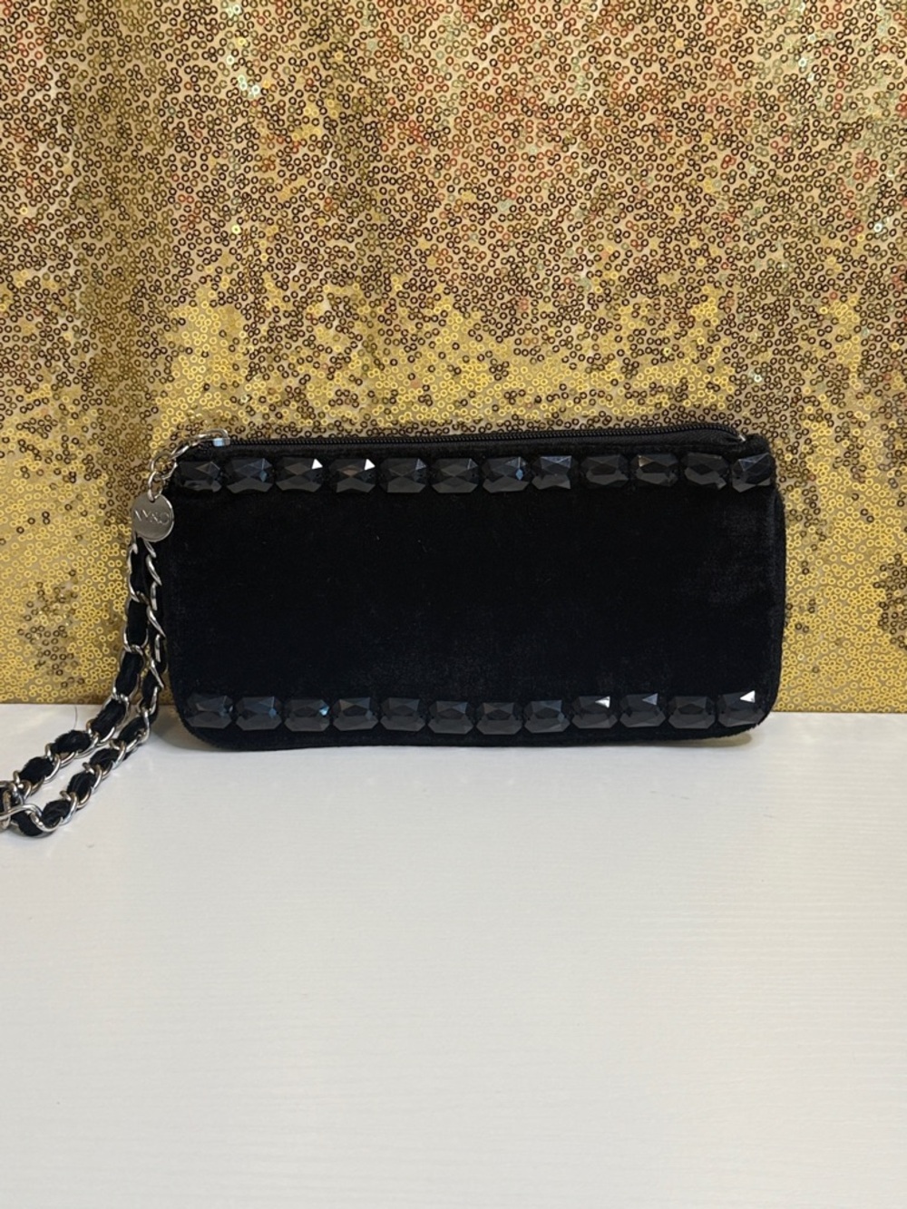 Black Velvet Wristlet Clutch with Chain Strap